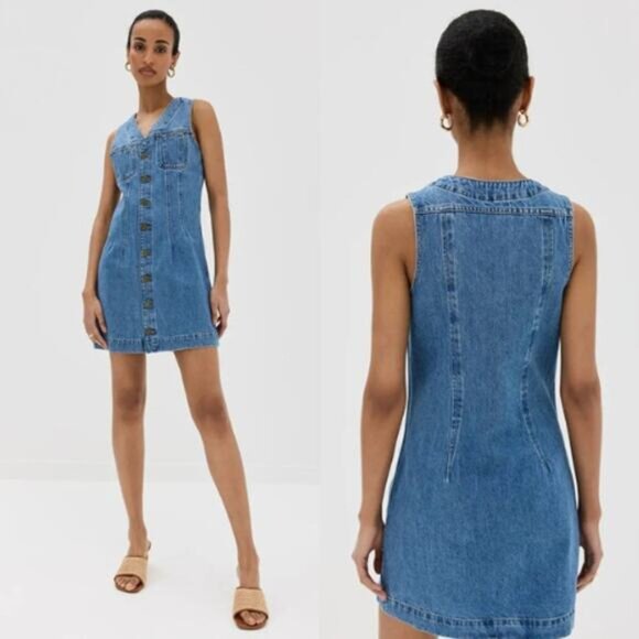 NEW Frame Sleeveless V-Neck Button Front Trucker Pocket Denim Mini Dress Blue XS - Picture 7 of 7